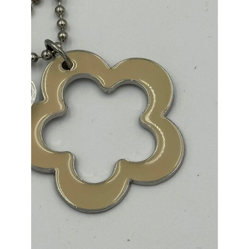 Tan Enamel Flower and Faceted Clear Heart Charm Keychain Silver Tone Ball‎ Chain